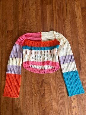Striped Crochet Open-Knit Cropped Colorful Multicolor Long Sleeve Sweater